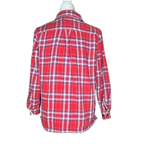L.L. Bean Red White Blue Plaid Fleece Line Button Up Long Sleeve Shirt - Picture 2 of 8